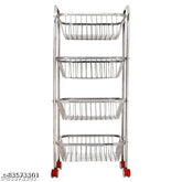 Stainless steel 4-shelf fruits & veggie trolley, modular kitchen organizer. Durable, easy-to-clean storage basket for kitchen essentials, made in India
